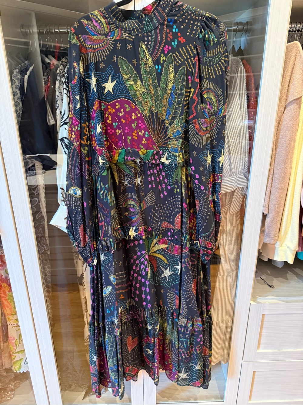 FARM Rio Black Maxi Dress with Multicolor Botanical & Star Print